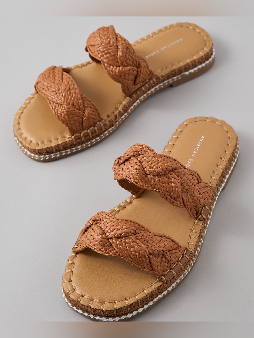 NWT American Eagle Double Strap Raffia Slide Sandal Size 10 Tan